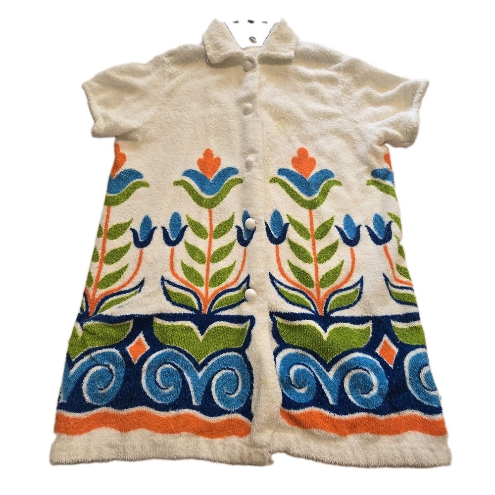 Vintage 60s 70s Beach Things Miama USA Towel Coverup Top Womens M Colorful Mod
